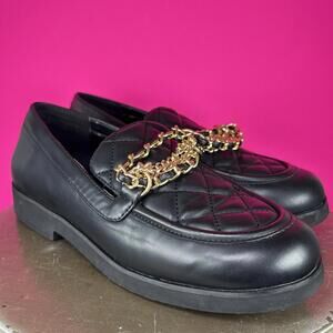 Lulus Trinitie Quilted Faux Black Leather Chain Accent Loafer US 7.5
